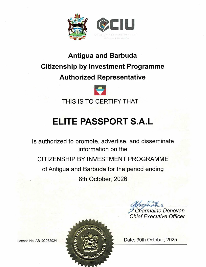 Antigua and Barbuda Citizenship by Investment Programme — Authorized Representative certificate for Elite Passport S.A.L