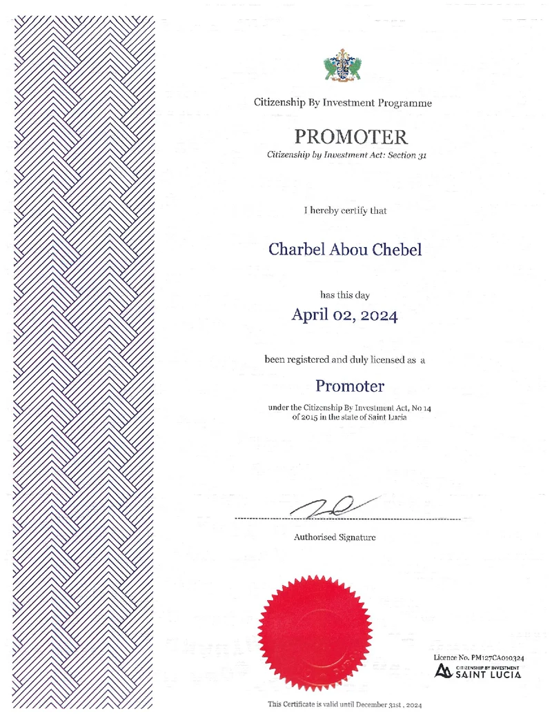 Saint Lucia Citizenship by Investment Programme — Promoter licence for Charbel Abou Chebel